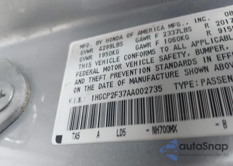 2010 Honda Accord 2.4 Lx из США, поврежденный, VIN 1HGCP2F37AA002735